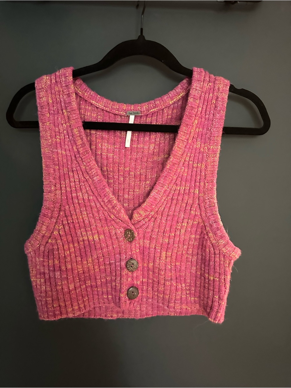 Free People Pink Marled Ribbed Button-Front Cropped Tank